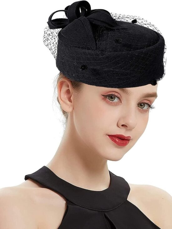 Women\'s British Style Pillbox Church Derby Wedding Winter Vintage Veil Hat Black